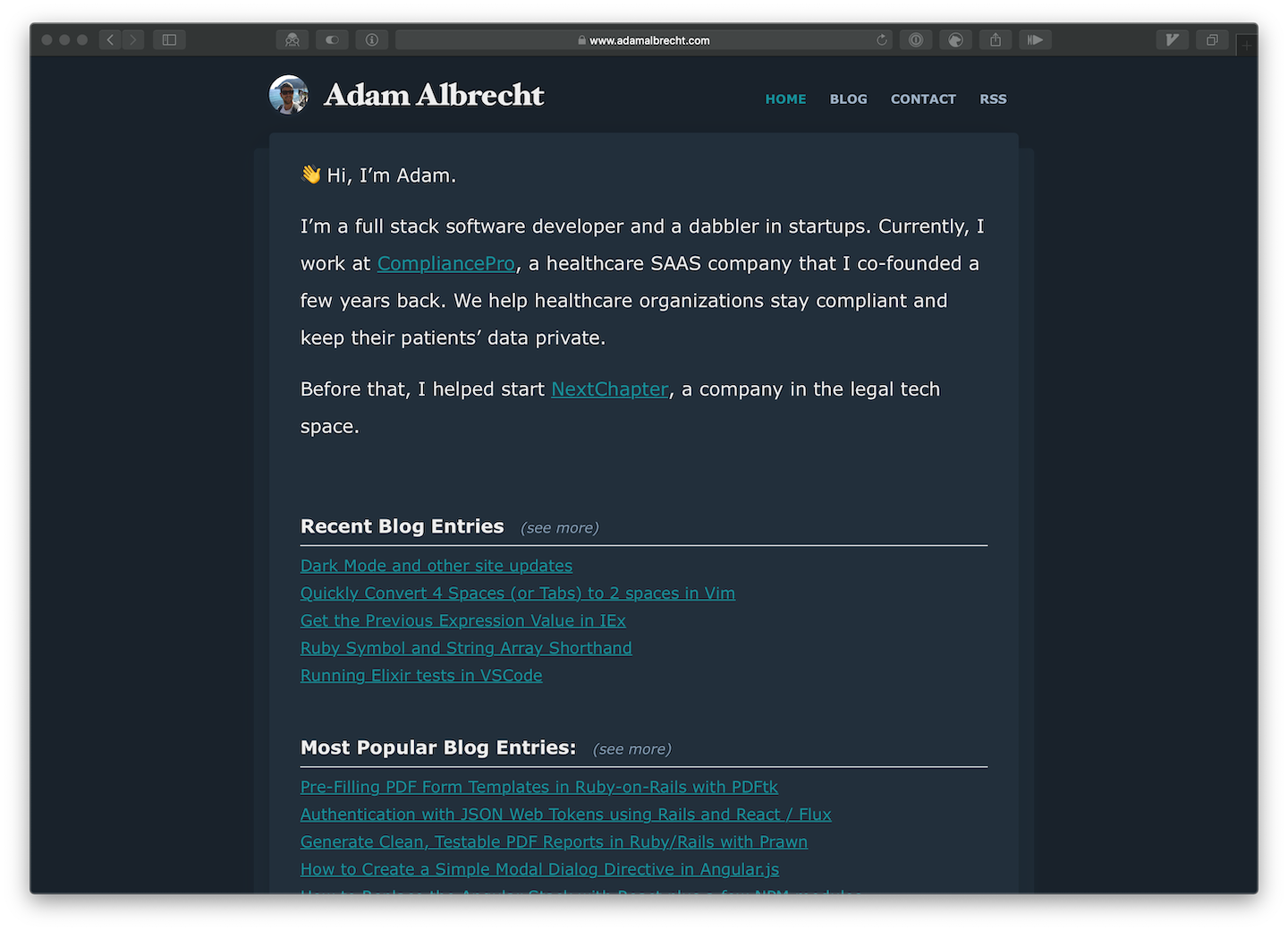 Screenshot of Dark Mode on my website