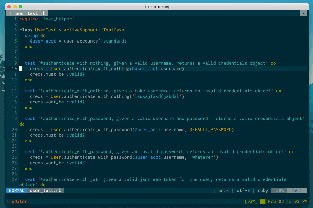 Demo of running mintest from Vim and Tmux